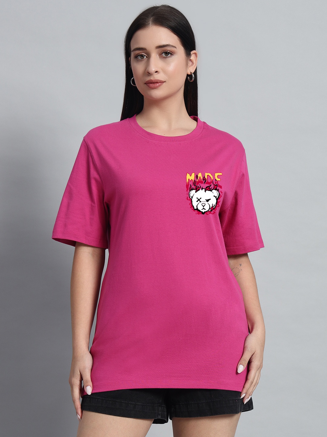 

N1F FASHION Women Graphic Printed Round Neck Cotton Oversized T-shirt, Fuchsia