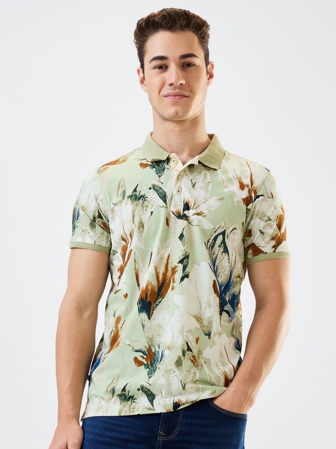 

SPYKAR Men Floral Printed Polo Collar Cotton Slim Fit T-shirt, Green