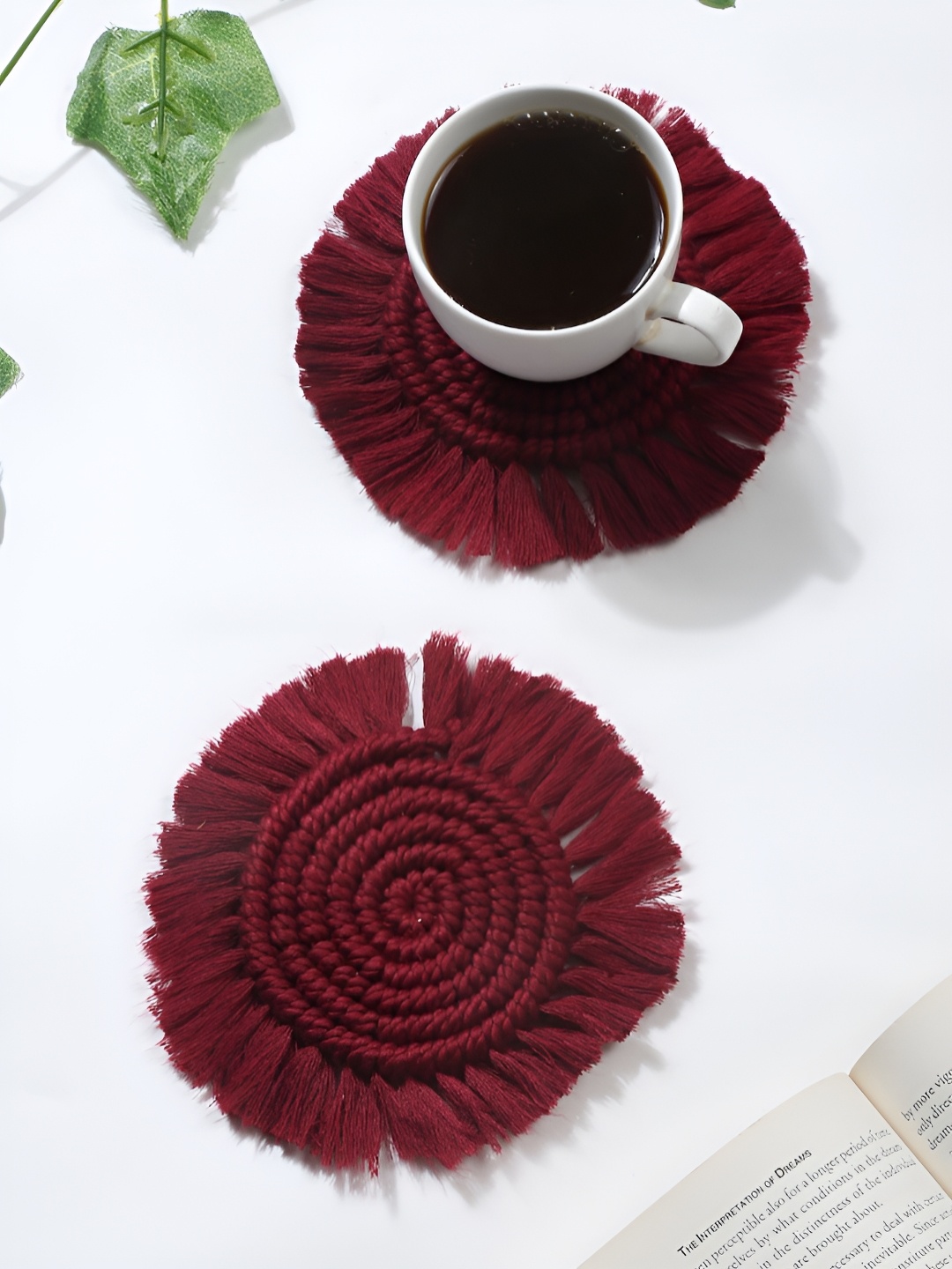 

My Creative Hut Maroon 2 Pieces Textured Macrame Round Coasters