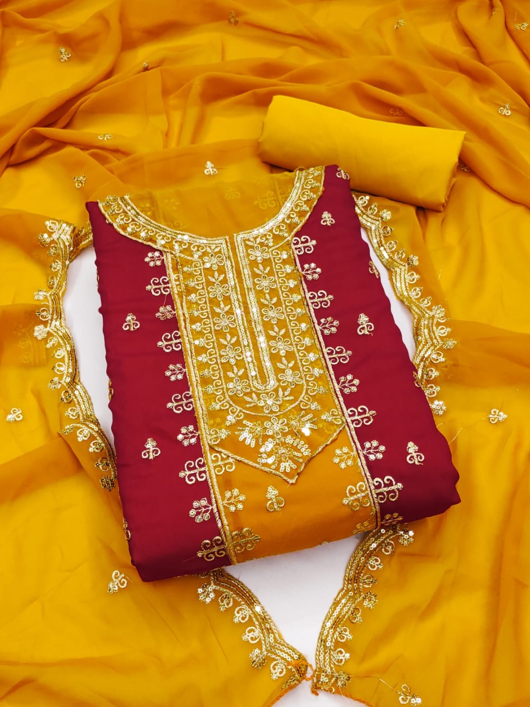 

SWARNGANGA TEX Floral Embroidered Sequunied Georgette Unstitched Dress Material, Yellow