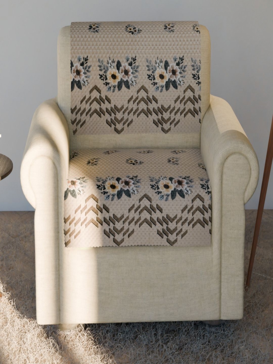 

Fashion Throw Beige & Grey 2 Pieces 1-Seater Floral Printed Velvet Sofa Covers