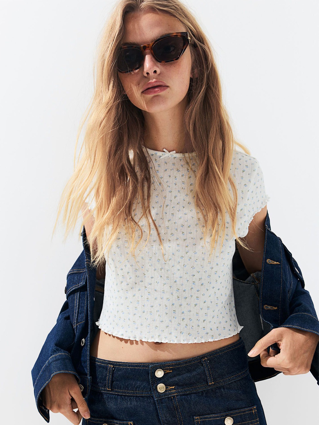 

H&M Overlock-Detail Pointelle Top, White