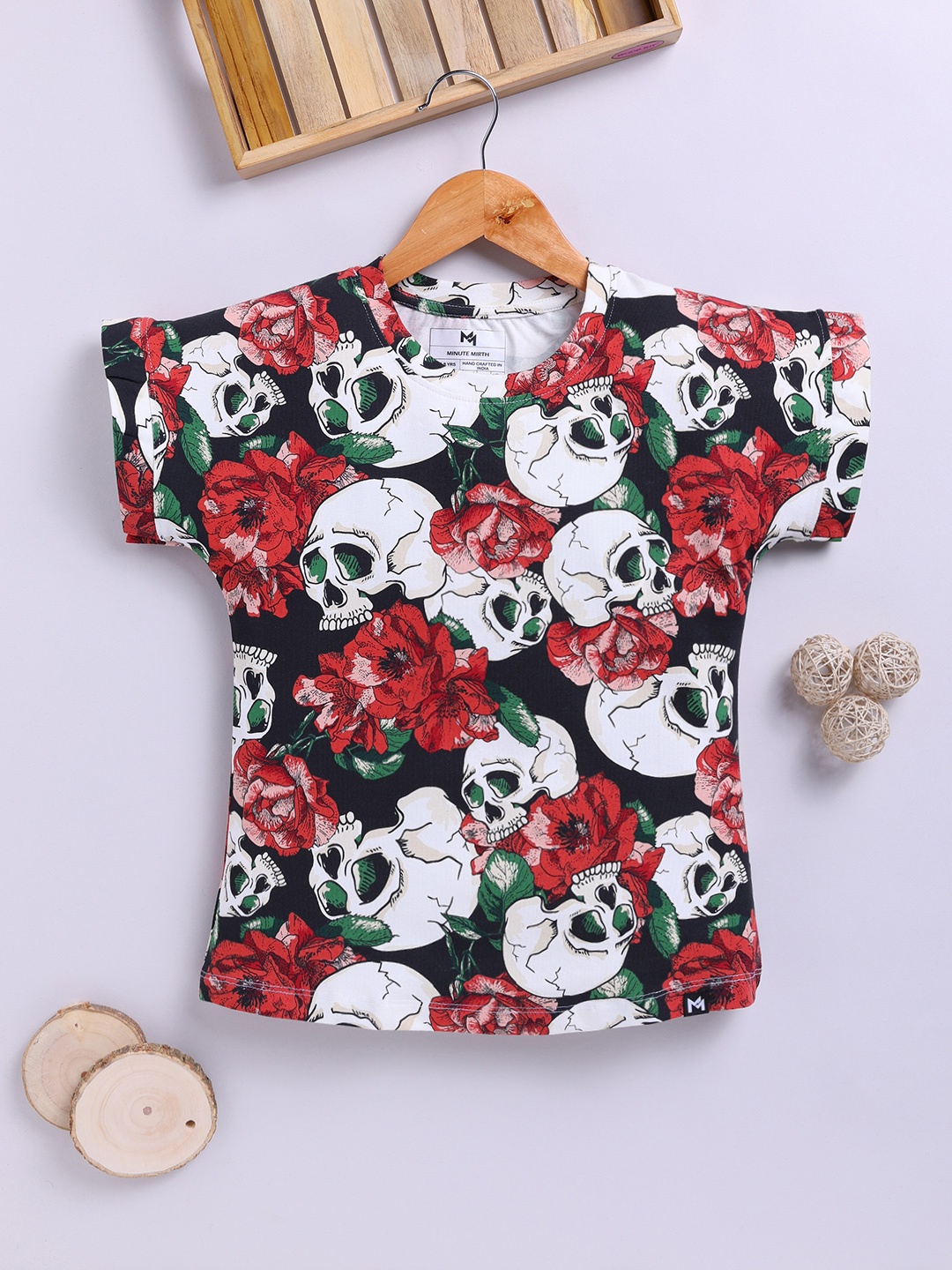 

YK X Minute Mirth Girls Print Extended Sleeves Cotton Top, Black