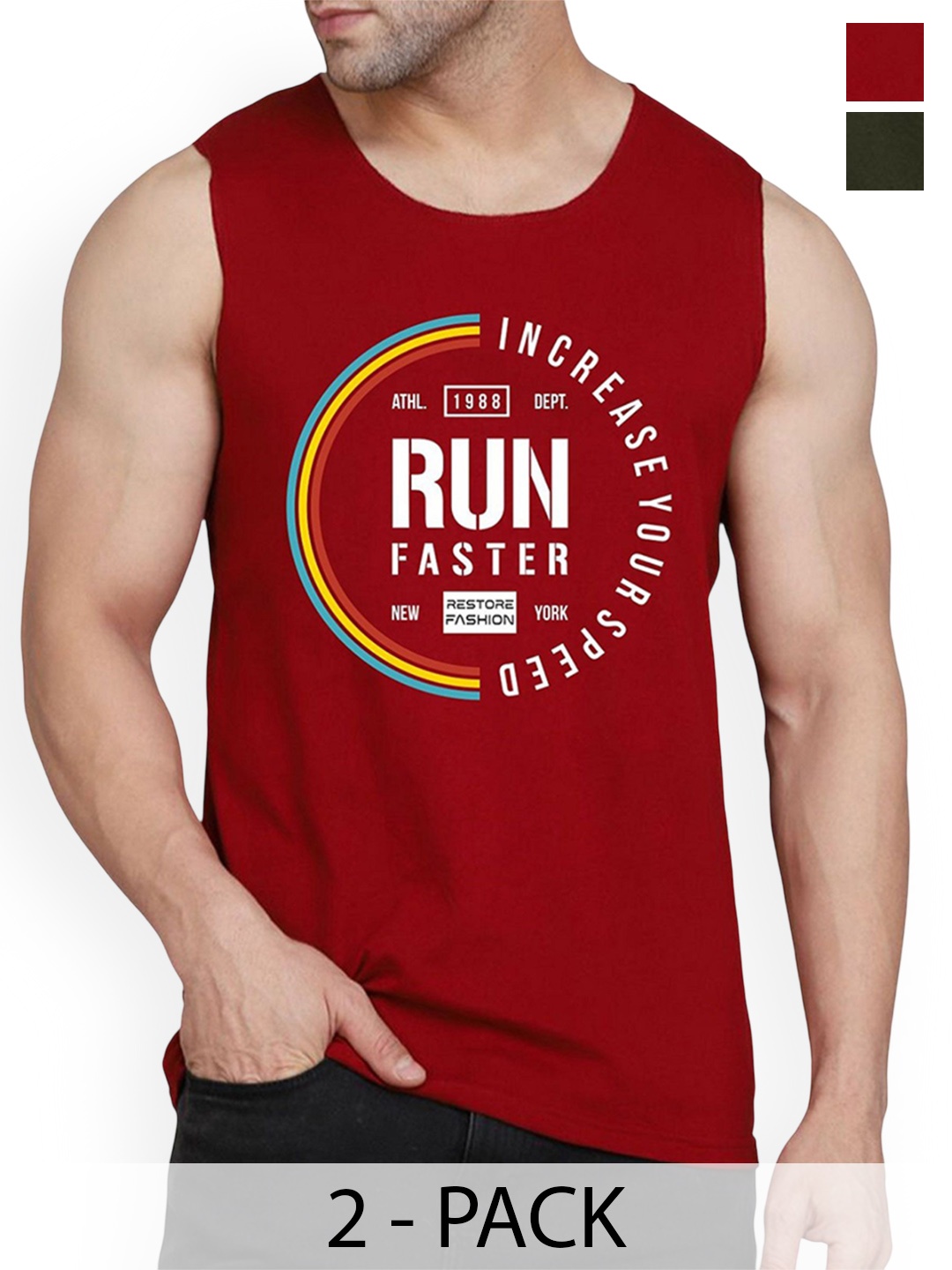 

WOOSTRO Men Pack Of 2 Cotton Printed Gym Vest, Maroon