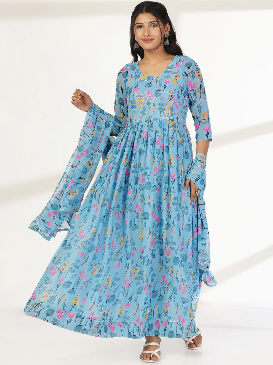 

Moda Rapido Women Floral Printed A-line Maxi Dress With Dupatta, Blue