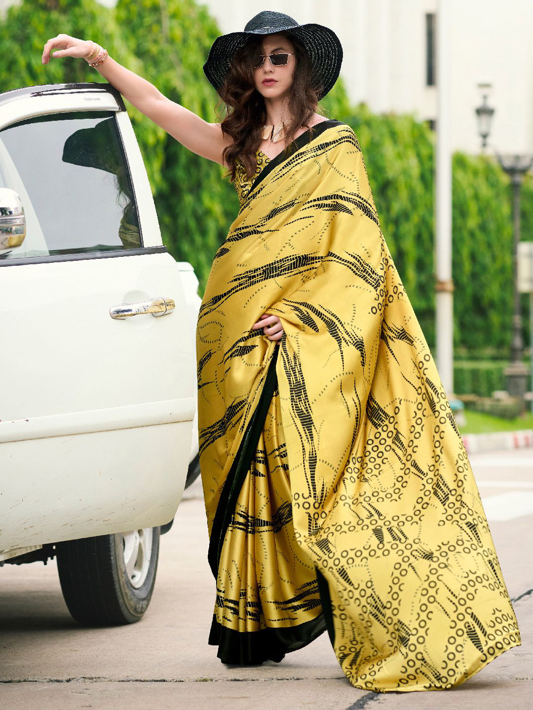 

Mitera Printed Satin Saree, Mustard