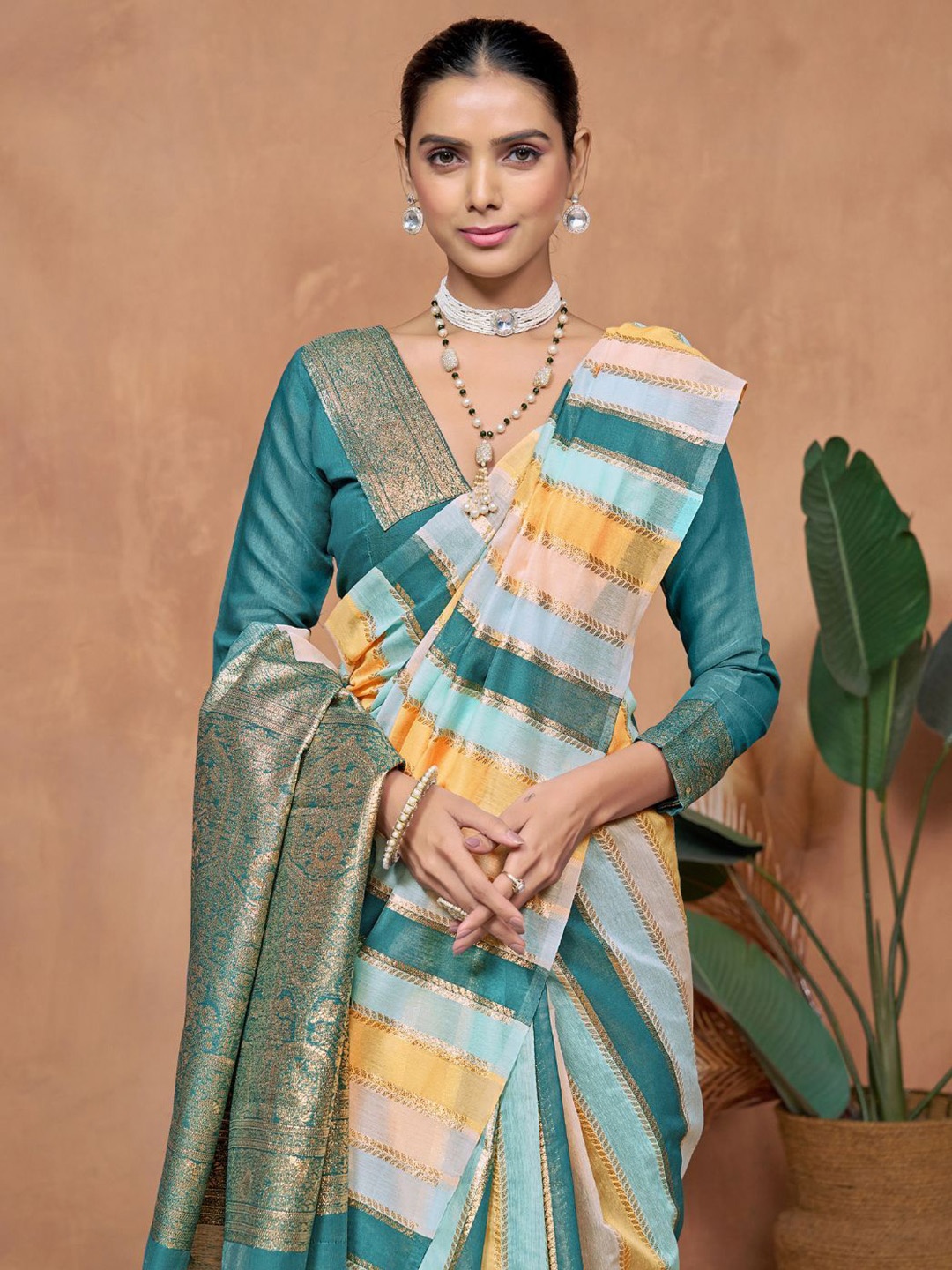 

KALINI Ethnic Motifs Zari Chanderi Saree, Teal