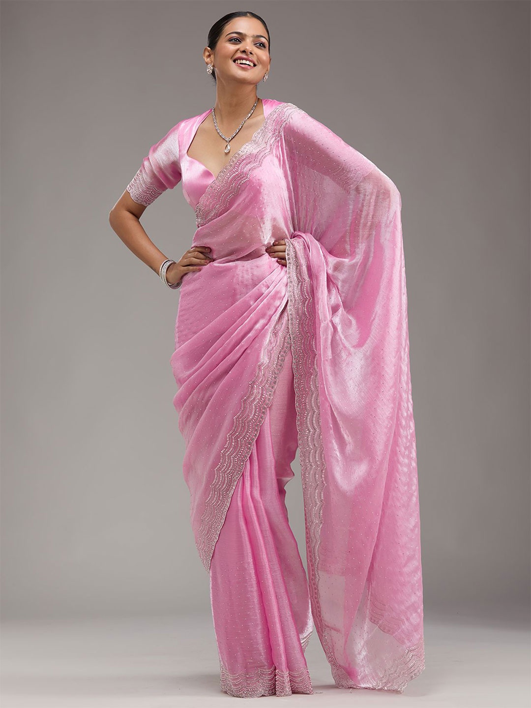 

Koskii Embellished Beads and Stones Pink Chiffon Heavy Work Saree