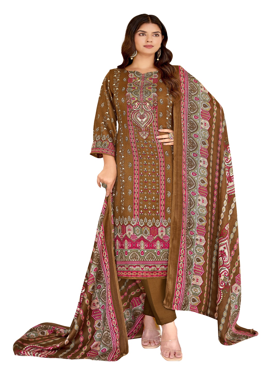 

DRAVINAM Trends Floral Printed Pashmina Unstitched Dress Material, Brown