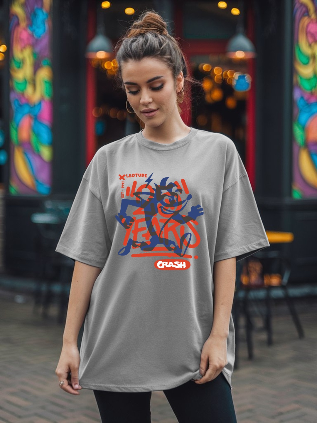 

Leotude Women Graphic Printed Round Neck Cotton Oversized T-shirt, Grey
