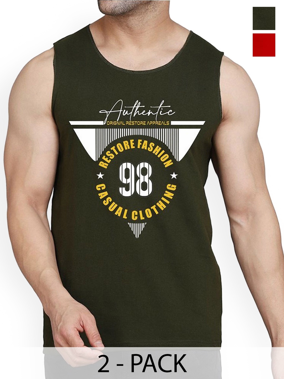 

Woostro Pack Of 2 Printed Cotton Gym Vests RS26 CMB (HARD RED) (98 OLIVE)