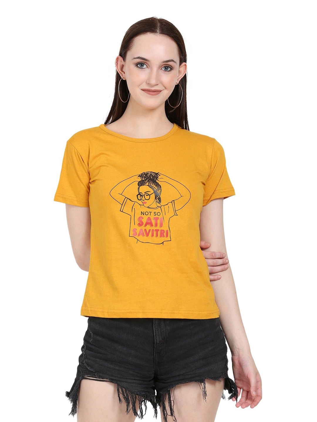 

DEEPMAYRA COLLECTION Women Graphic Printed Round Neck Cotton T-shirt, Mustard