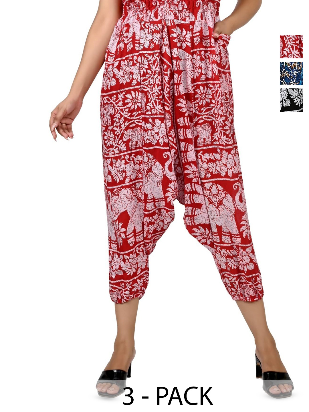 

NarNari Pack Of 3 Printed Mid-Rise Harem Pants, Red