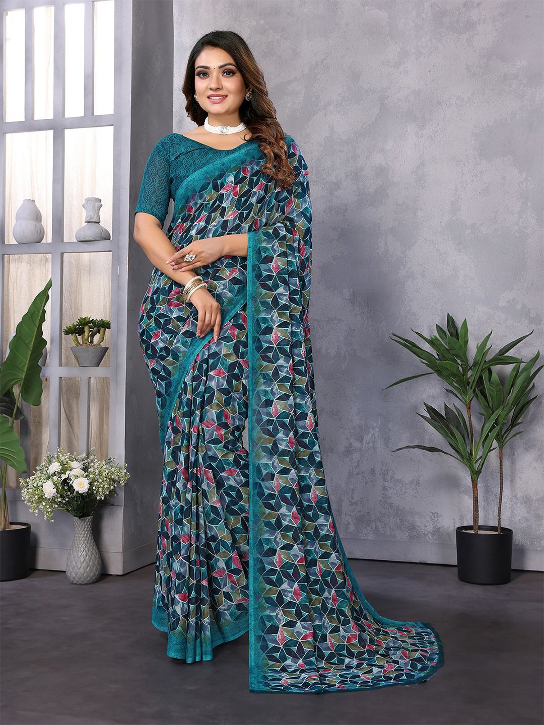 

Moda Rapido Printed Saree with Blouse Piece, Teal