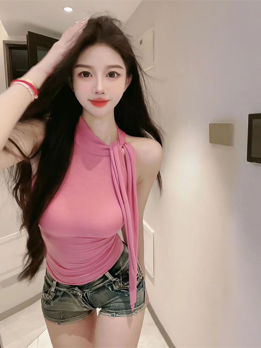 

StyleCast x Revolte Solid Tie-Up Neck Sleeveless Fitted Top, Pink