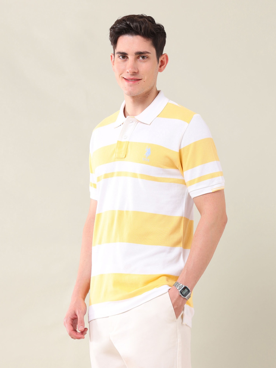 

U.S. Polo Assn. Men Striped Polo Collar Cotton Slim Fit T-shirt, Yellow
