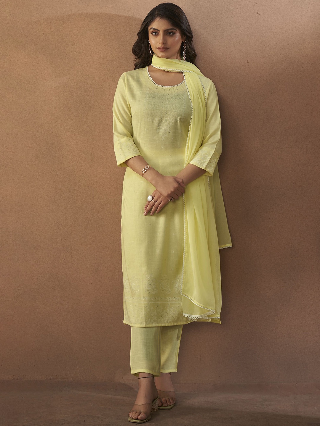 

Anouk Yellow Floral Printed Round Neck Chanderi Silk Straight Kurta With Trouser & Dupatta