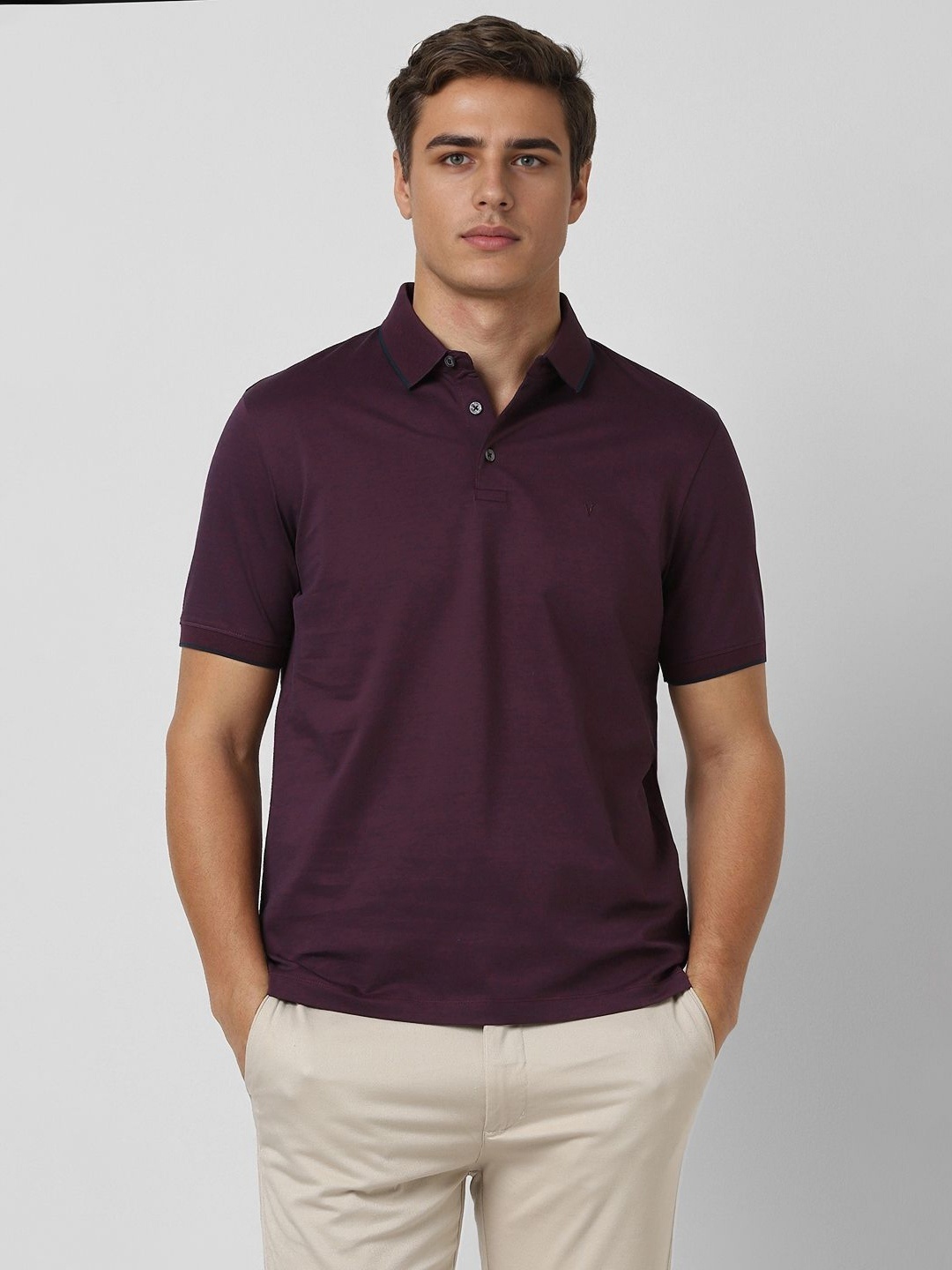 

Van Heusen Men Solid Polo Collar Cotton T-shirt, Burgundy