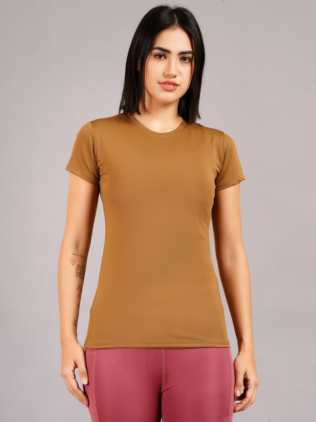 

Kyk Women Solid Round Neck Compression T-shirt, Khaki