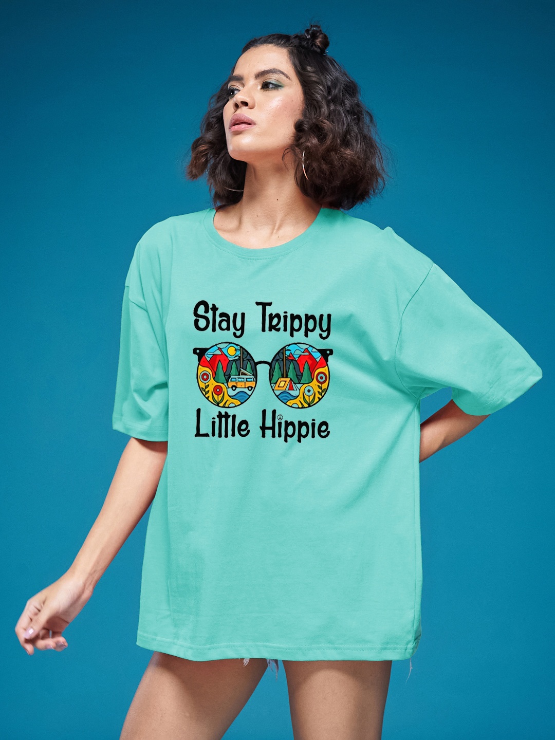 

SMARTEES Women Graphic Printed Round Neck Cotton Oversized T-shirt, Sea green