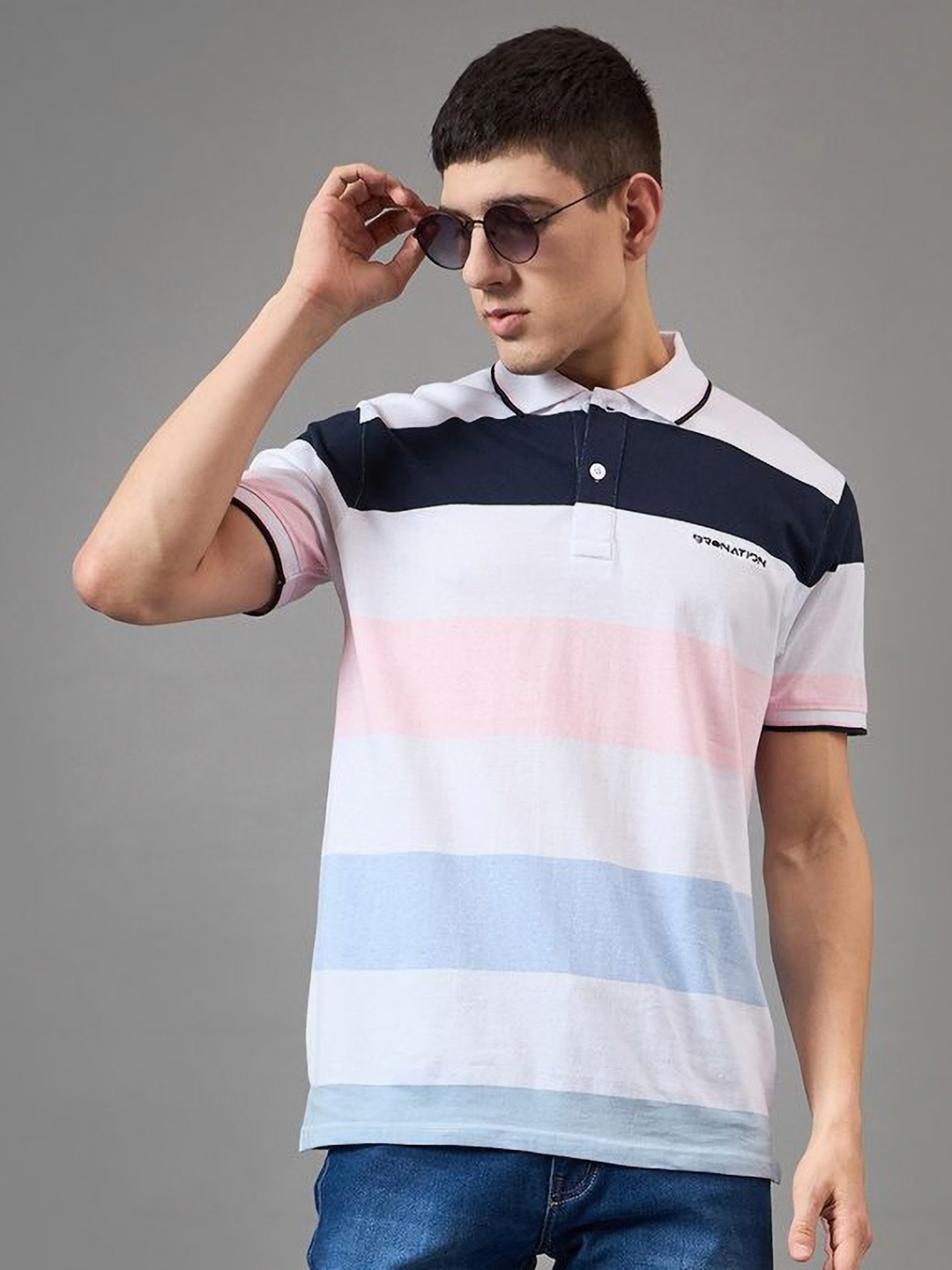 

BRONATION Men Striped Polo Collar Cotton T-shirt, White