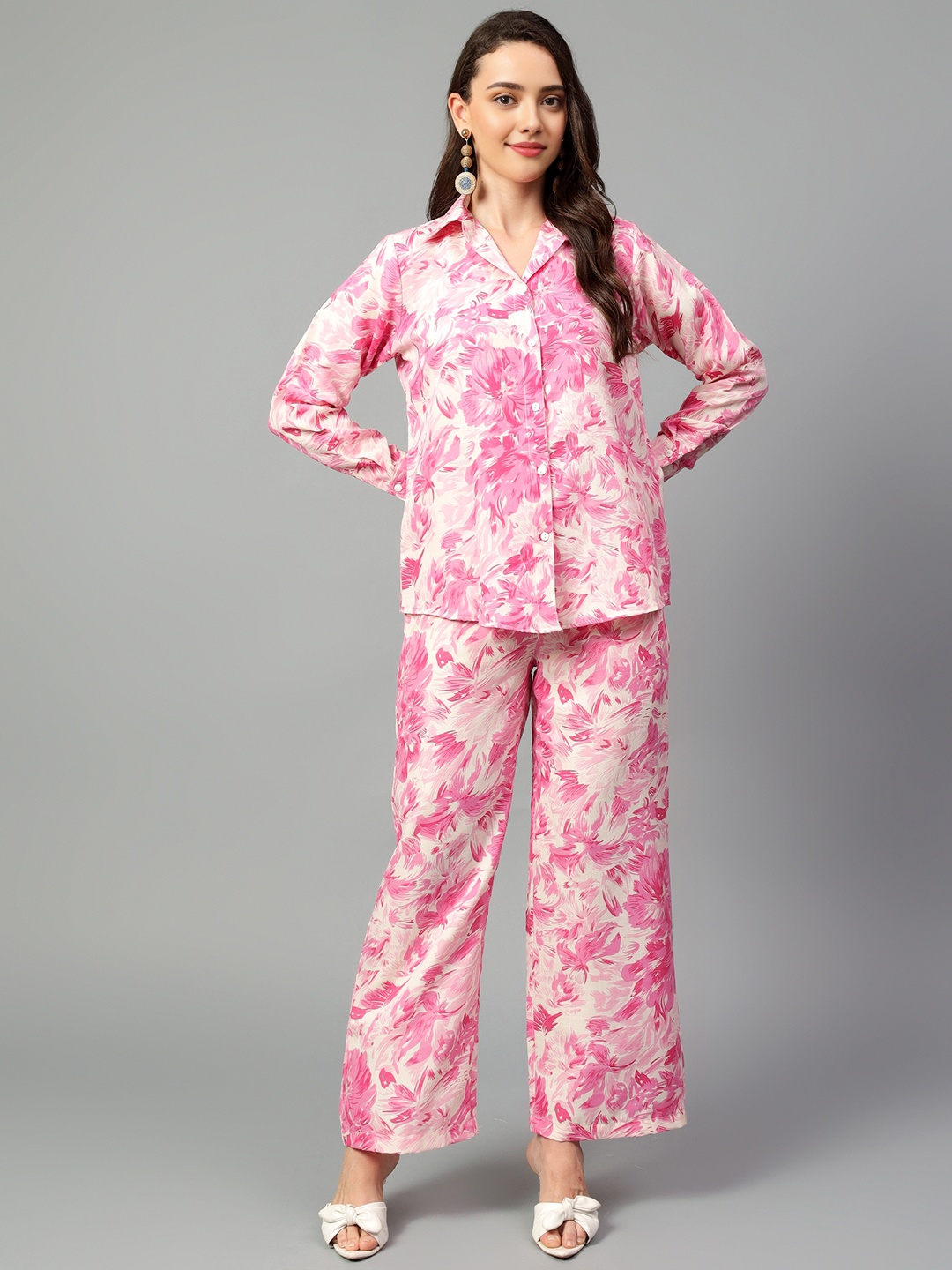 

StyleCast Floral Printed Shirt Collar Neck Shirt With Trousers, Pink