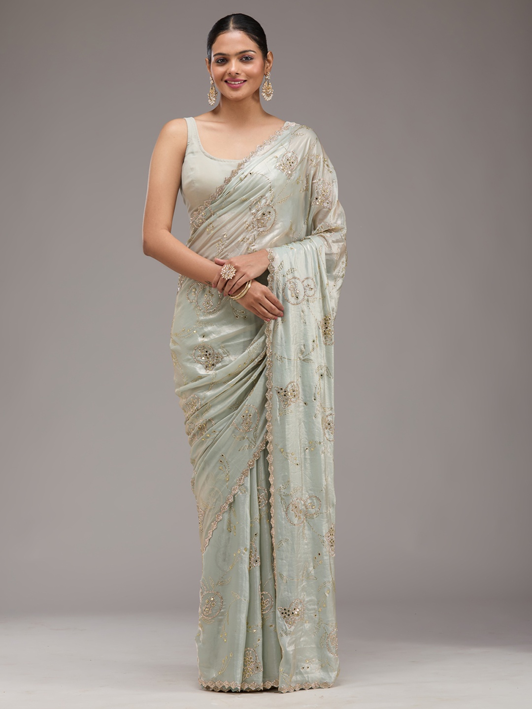 

Koskii Floral Beads and Stones Green Embellished Tissue Saree