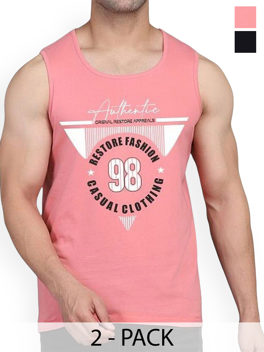 

WOOSTRO Men Pack Of 2 Printed Pure Combed Cotton Gym Vests, Black