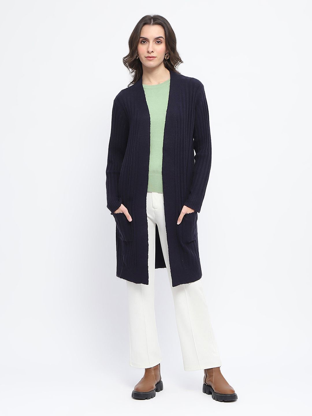 

Madame Self Design Longline Open Front Shrug Longline Shrug, Navy blue