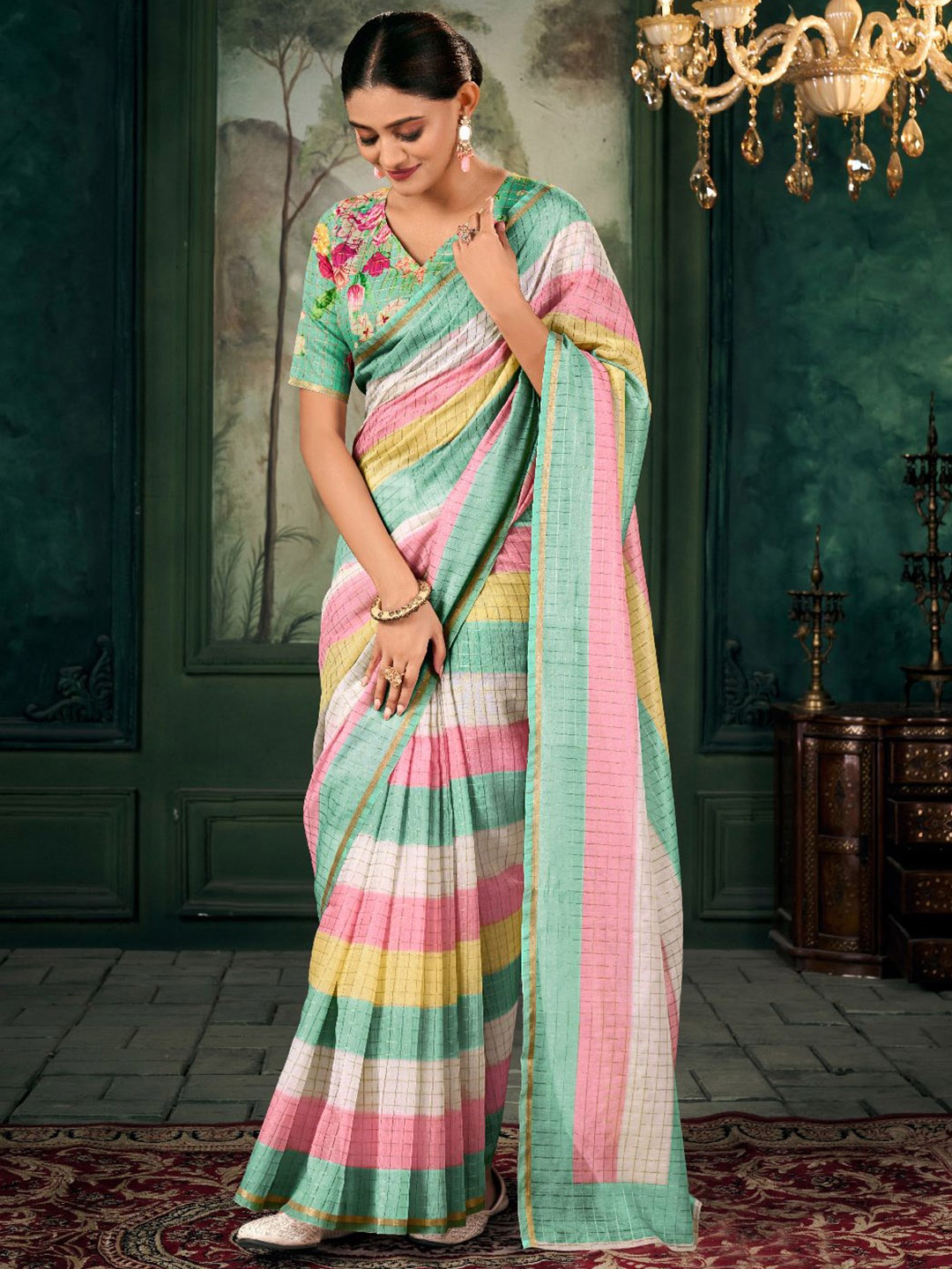 

Panzora Checked Zari Linen Blend Chanderi Saree, Green