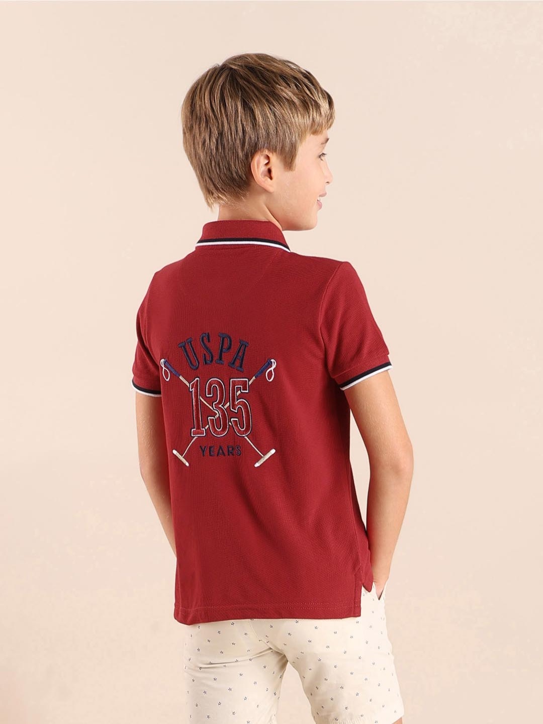 

U.S. Polo Assn. Kids Boys Brand Logo Printed Polo Collar Applique T-shirt, Red