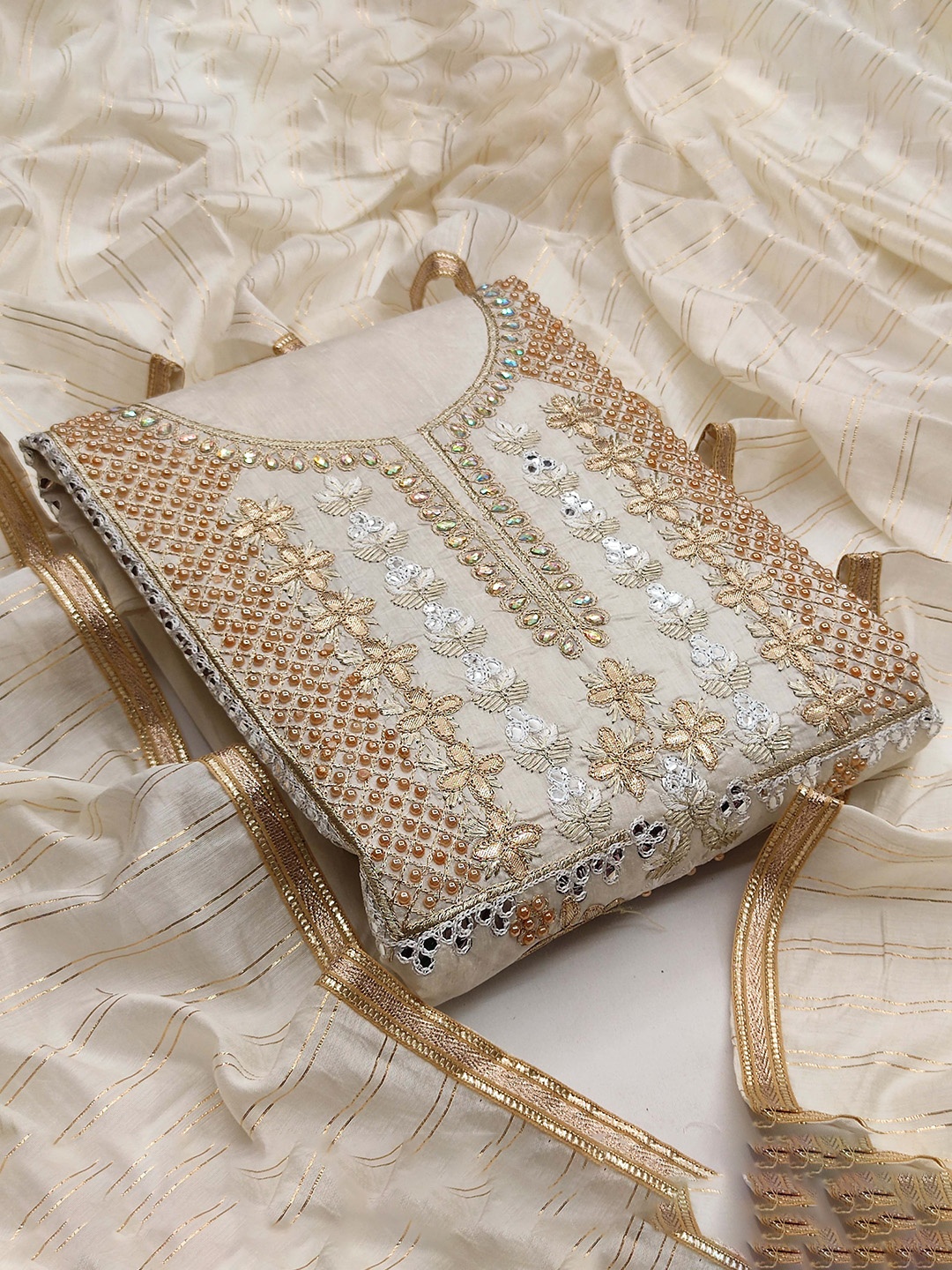 

HERE&NOW Embellished Unstitched Dress Material, Beige