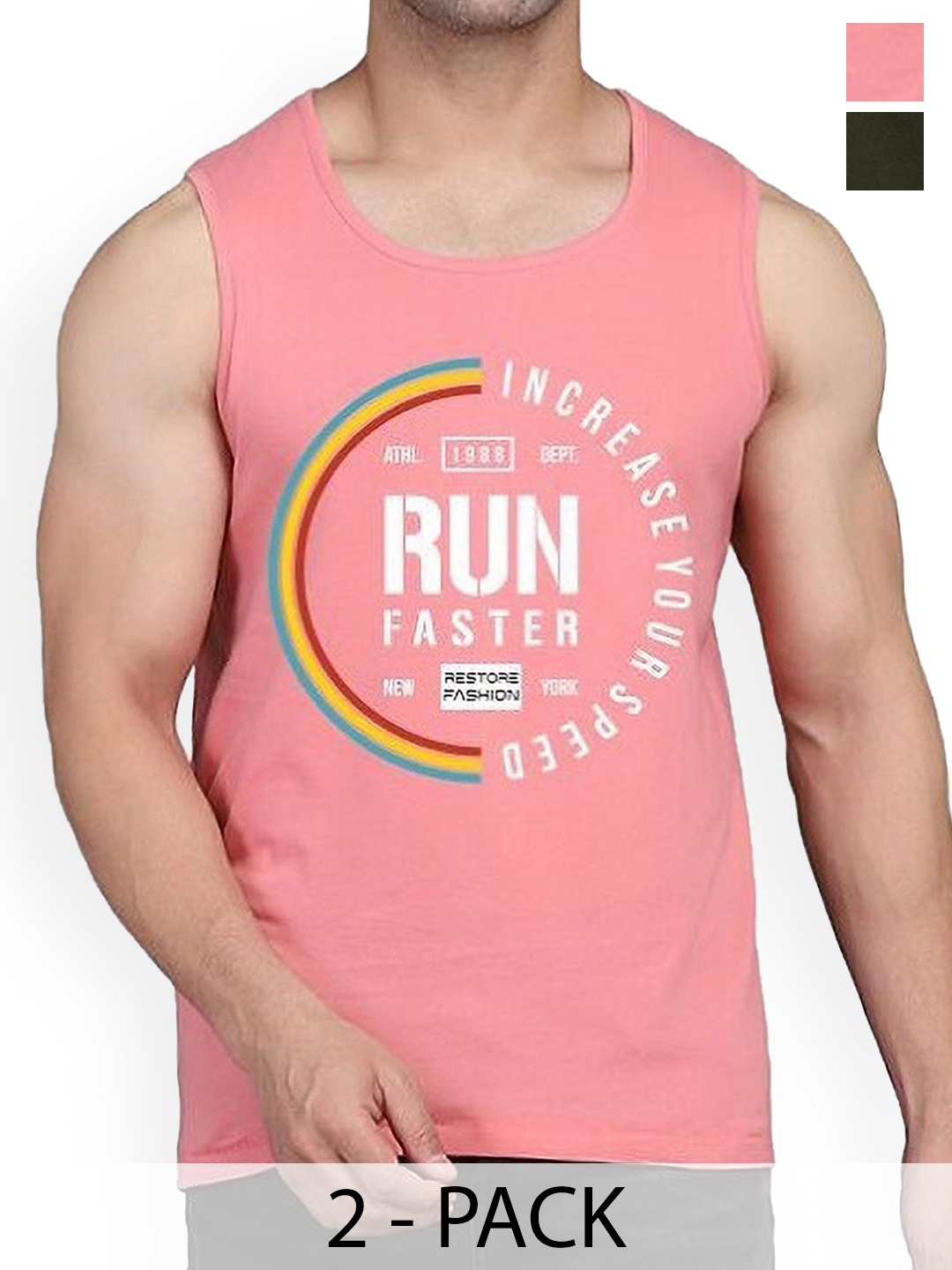 

WOOSTRO Pack Of 2 Printed Cotton Gym Vests RS26 CMB (HARD OLIVE) (RUN PEACH)
