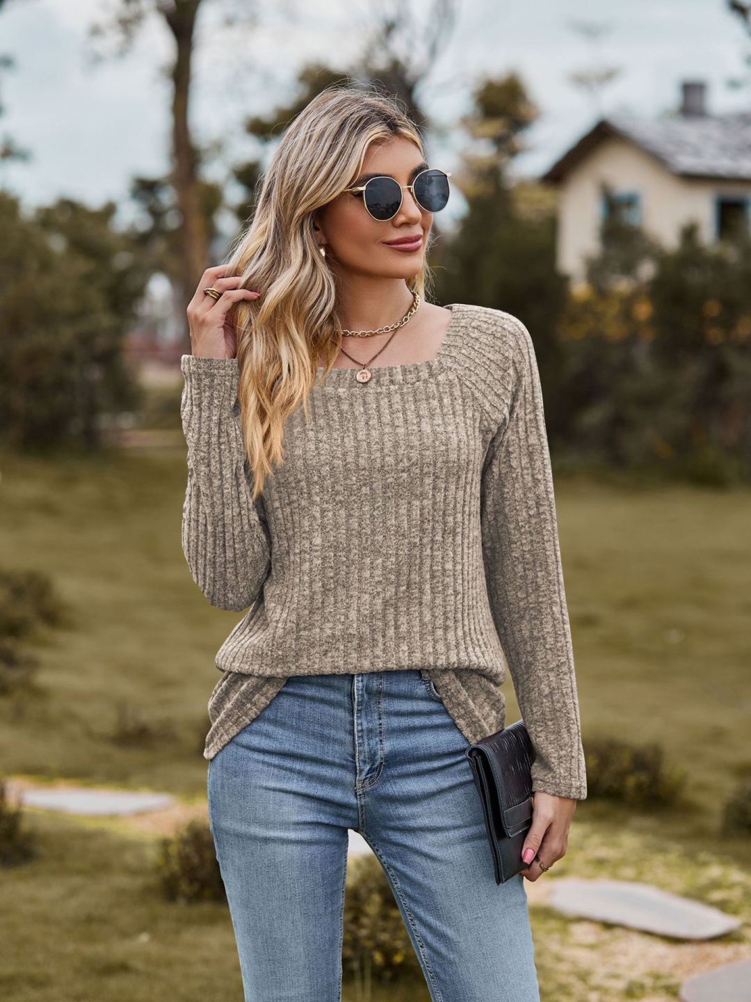 

StyleCast x Revolte Ribbed Raglan Sleeves Longline Top, Khaki