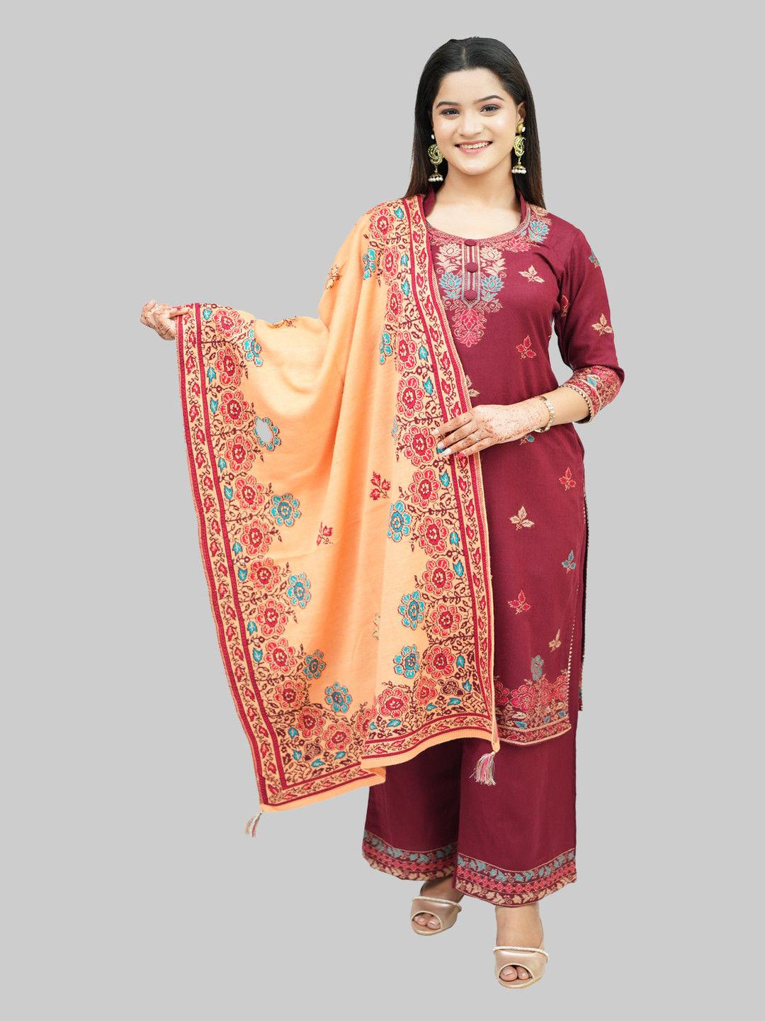 

Tones-N-Shades Floral Woven Design Velvet Unstitched Dress Material, Maroon