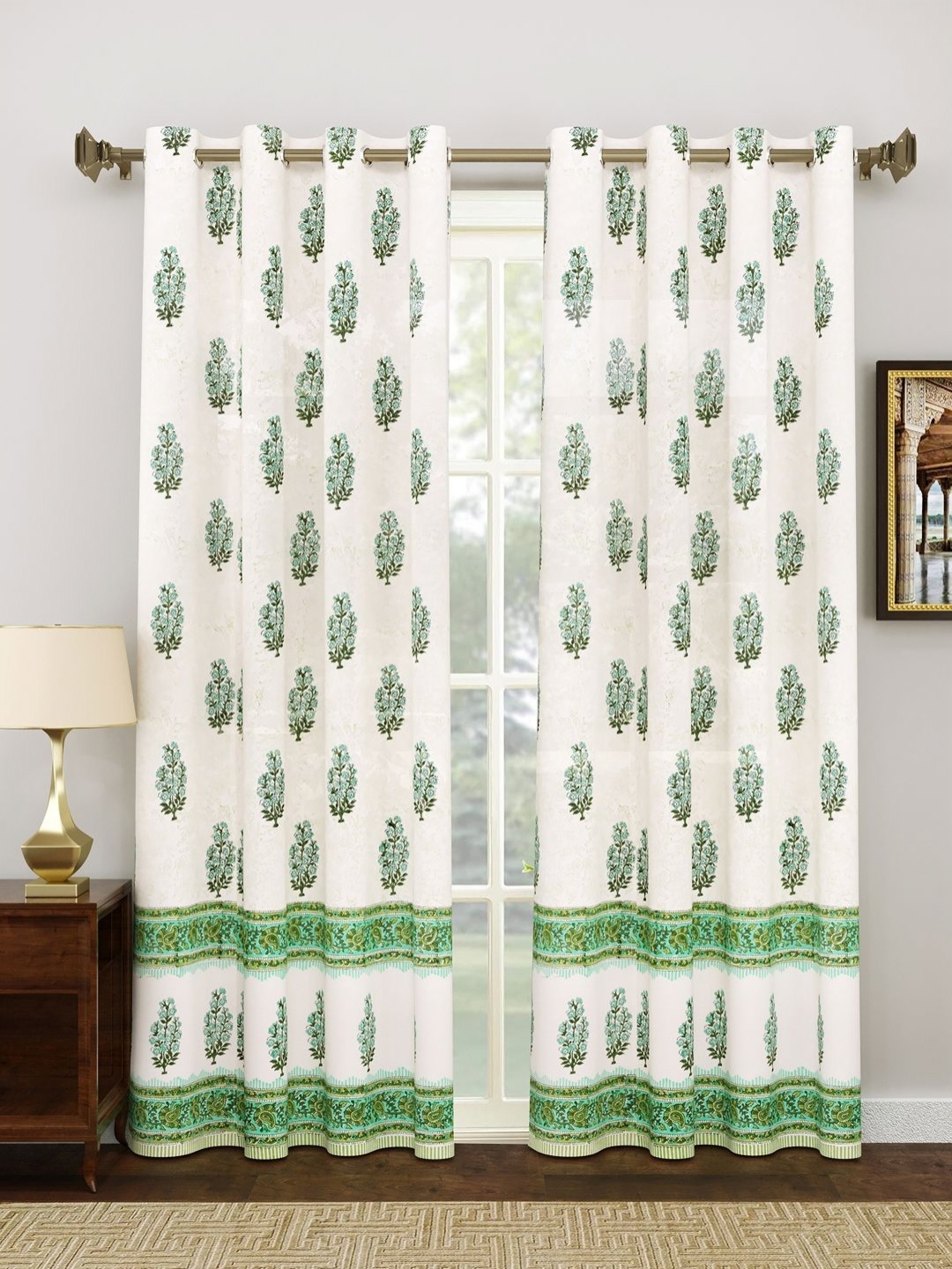 

Myntra Elegant Homes Green & White 2 Pieces Cotton Eyelet Floral Door Curtain