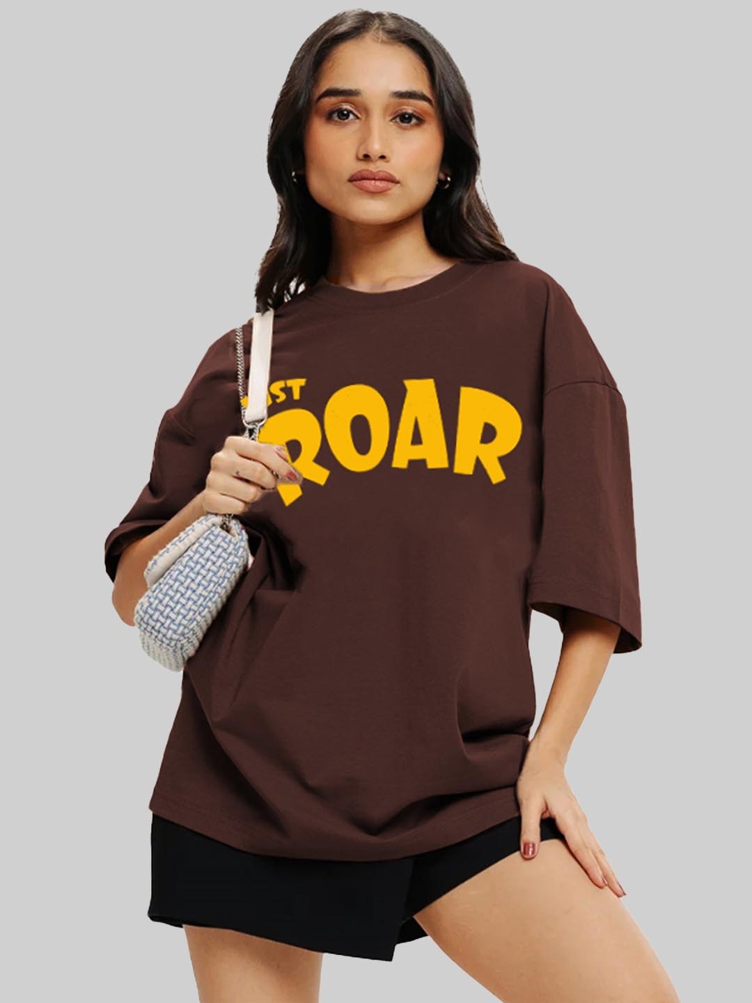 

Leotude Women Typography Printed Round Neck Cotton Oversized T-shirt, Brown