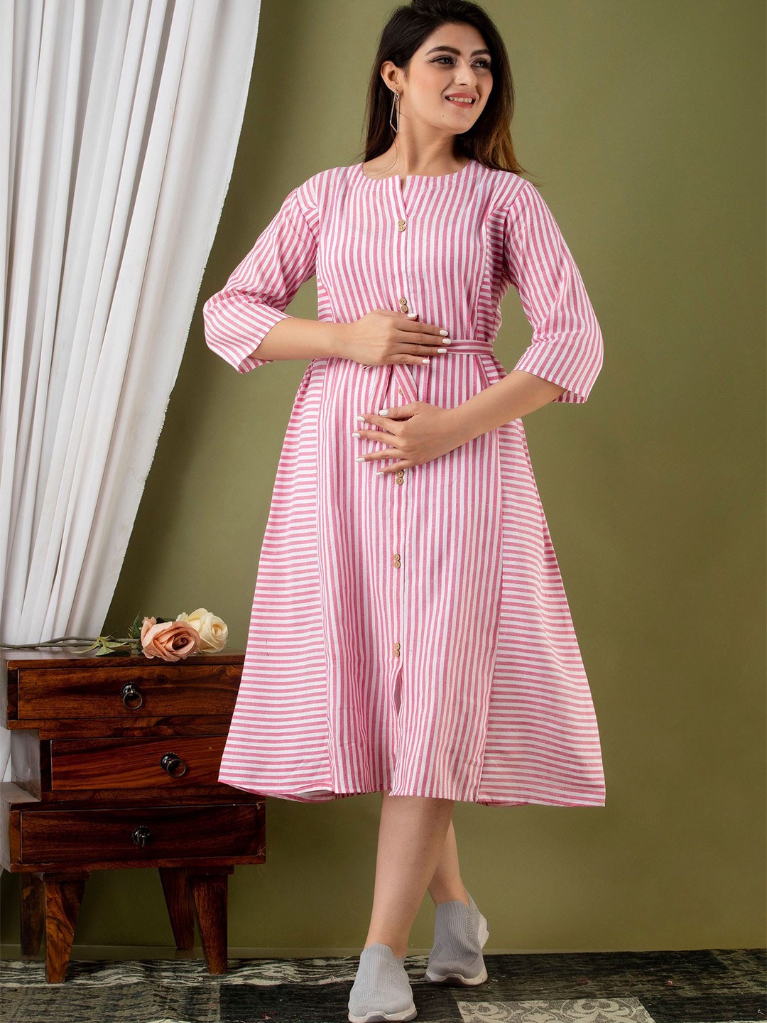 

SHOPAXIS Women Striped Maternity A-Line Midi Dress, Pink