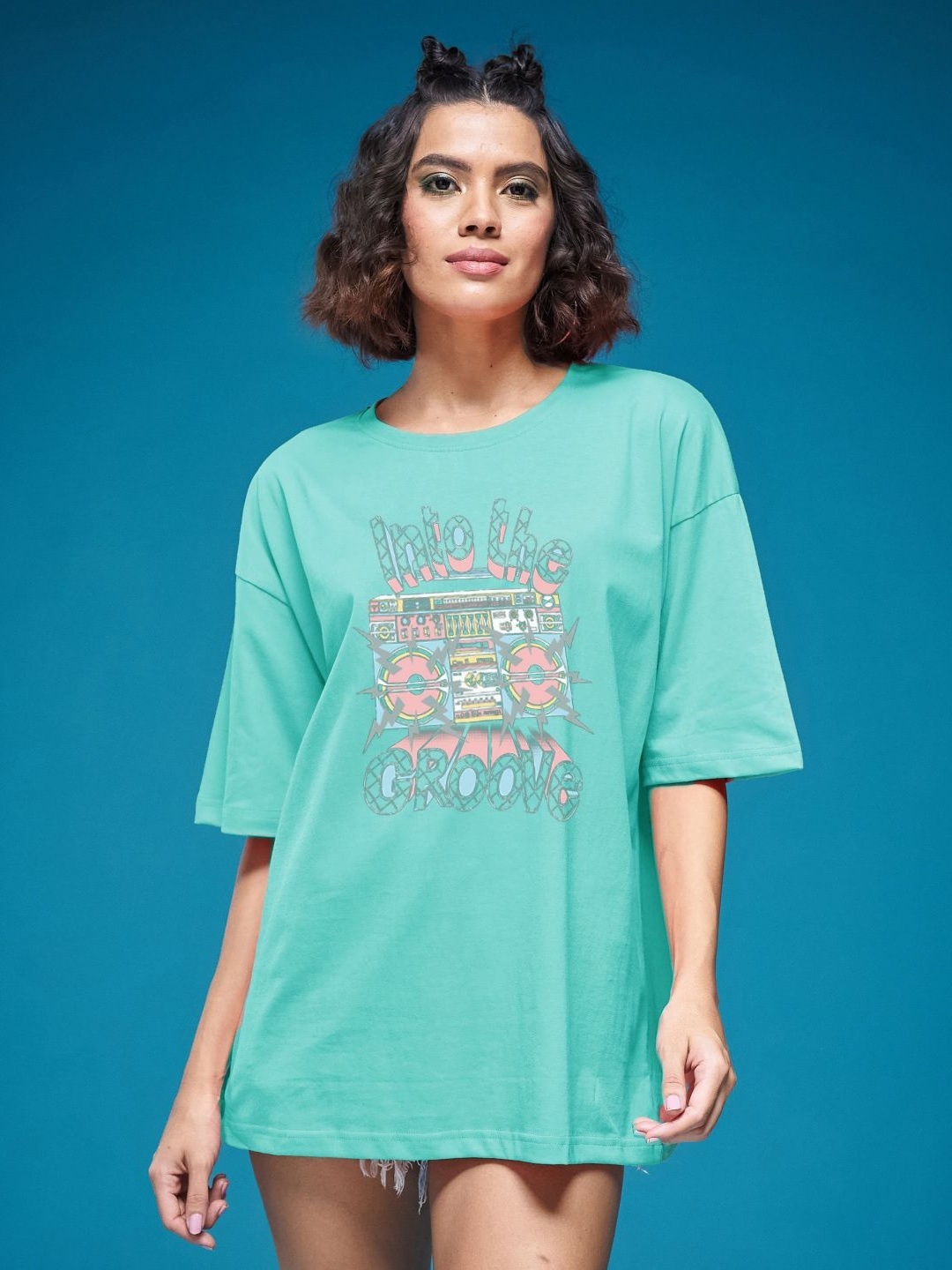 

SMARTEES Women Printed Applique T-shirt, Sea green