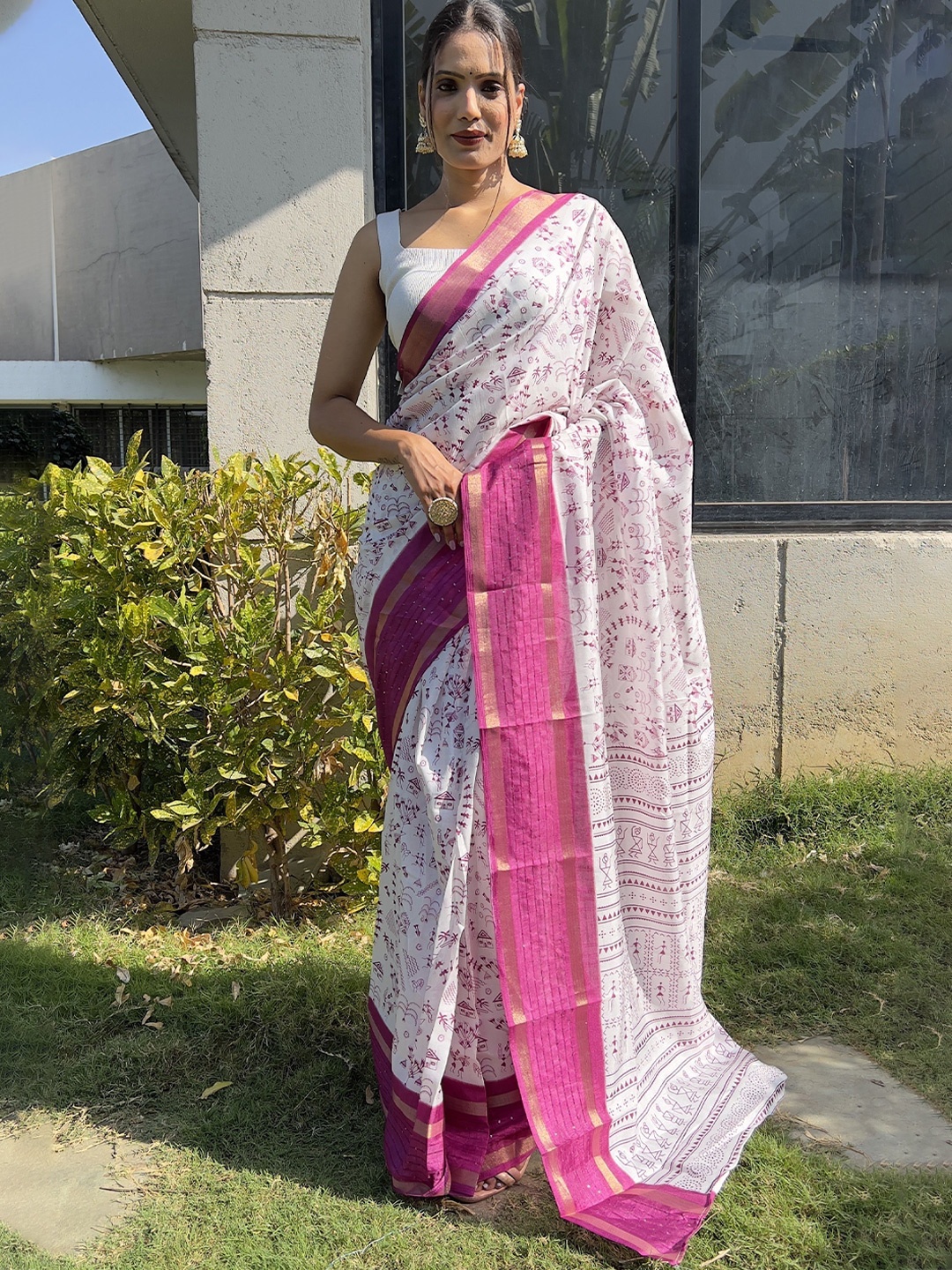 

bansari textiles Ethnic Motifs Printed Zari Kota Saree, Pink