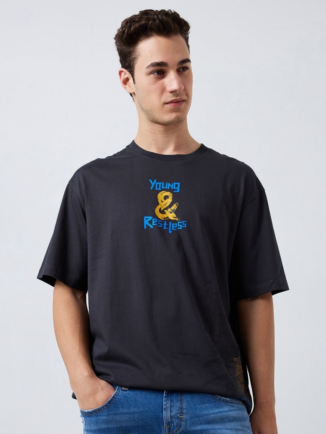

SPYKAR Men Typography Printed Round Neck Cotton Relaxed Fit T-shirt, Navy blue