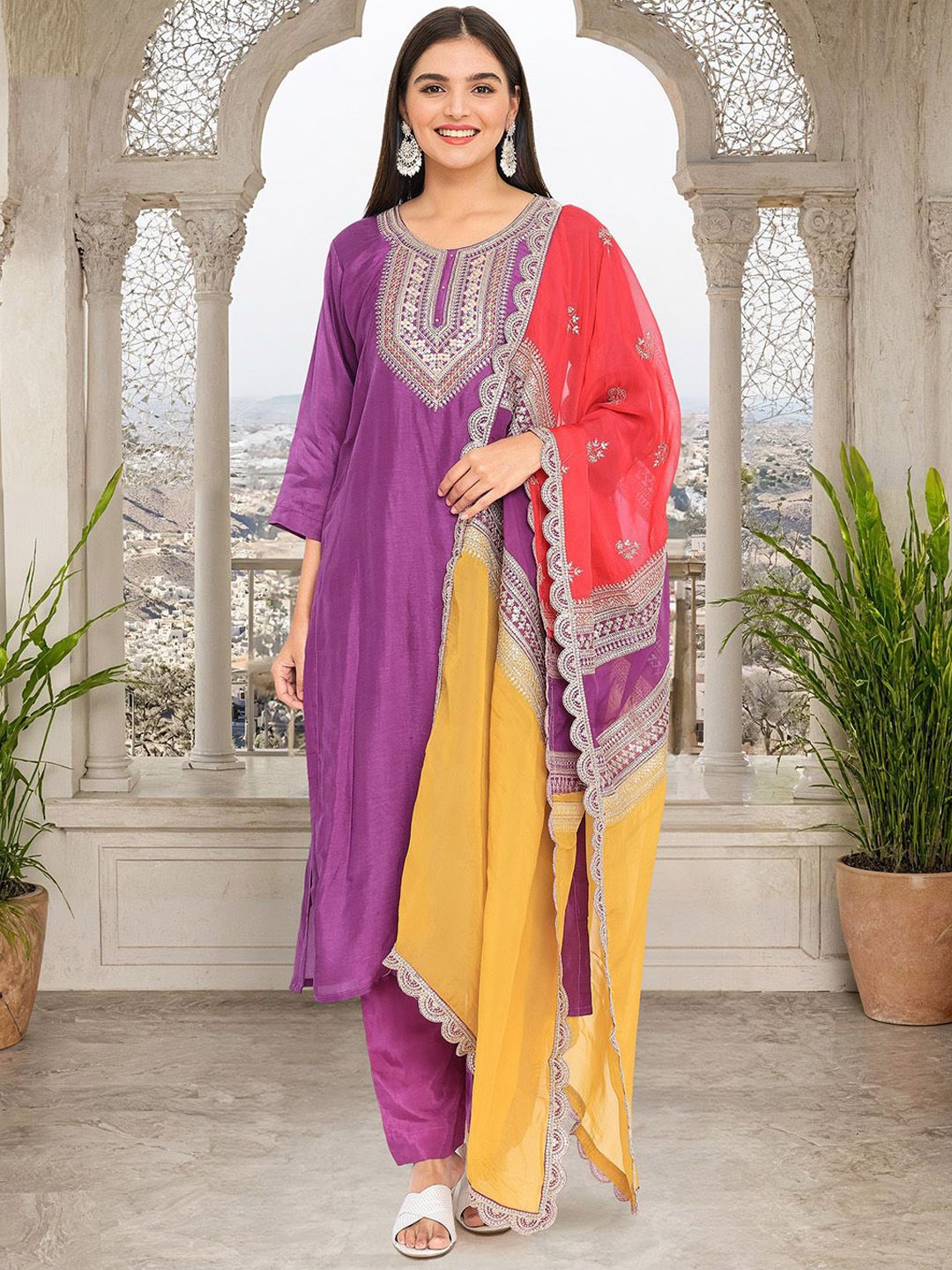 

Ishin Floral Yoke Design Zari Straight Kurta With Trouser And Dupatta, Purple