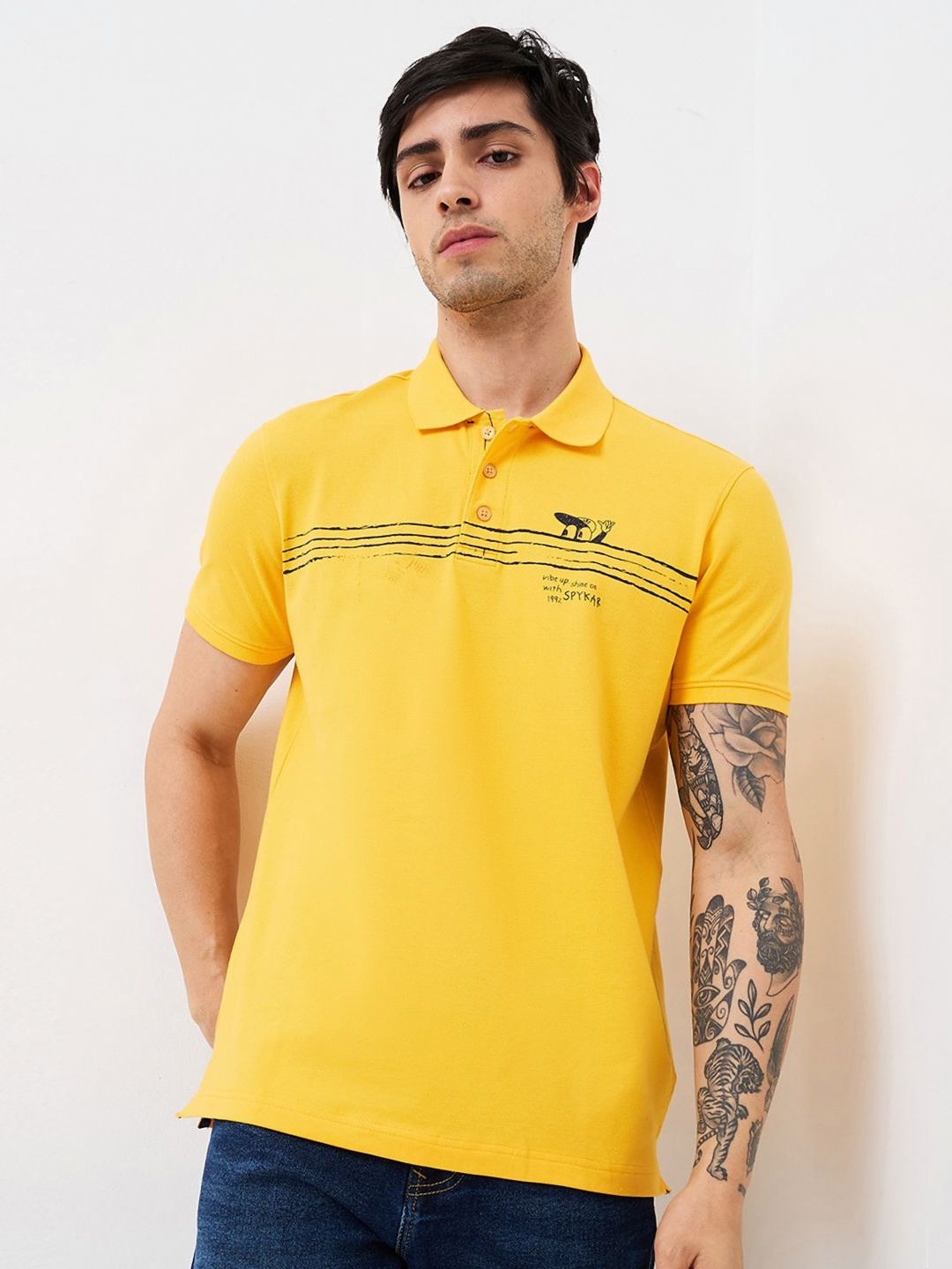 

SPYKAR Men Striped Polo Collar Cotton Slim Fit T-shirt, Yellow