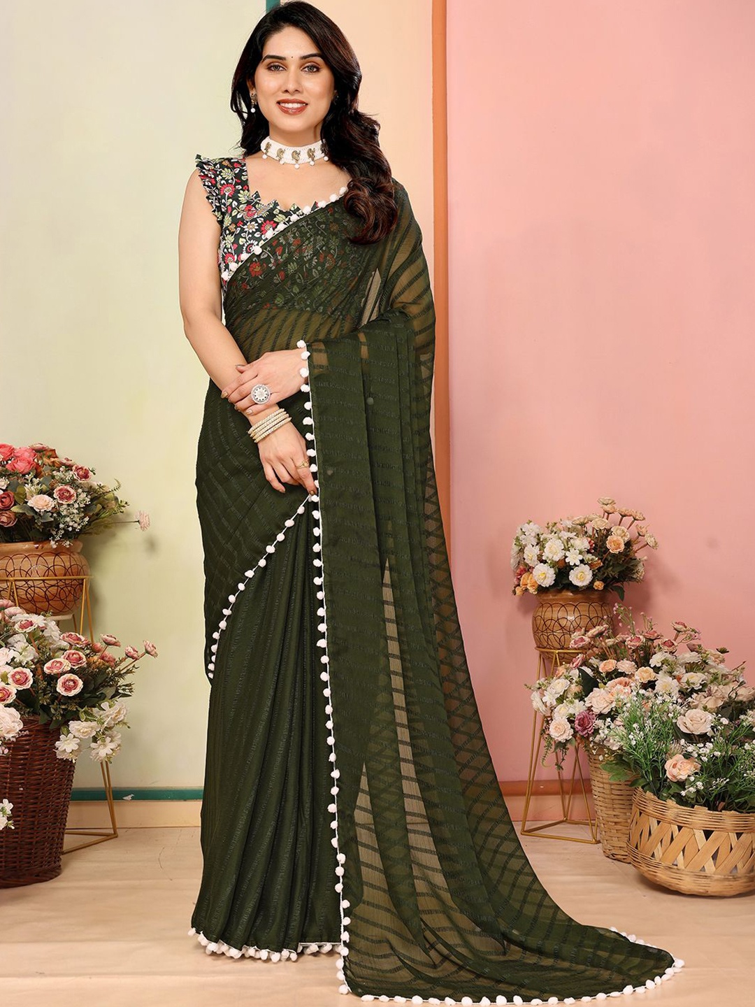 

Mitera Striped Embroidered Saree, Green