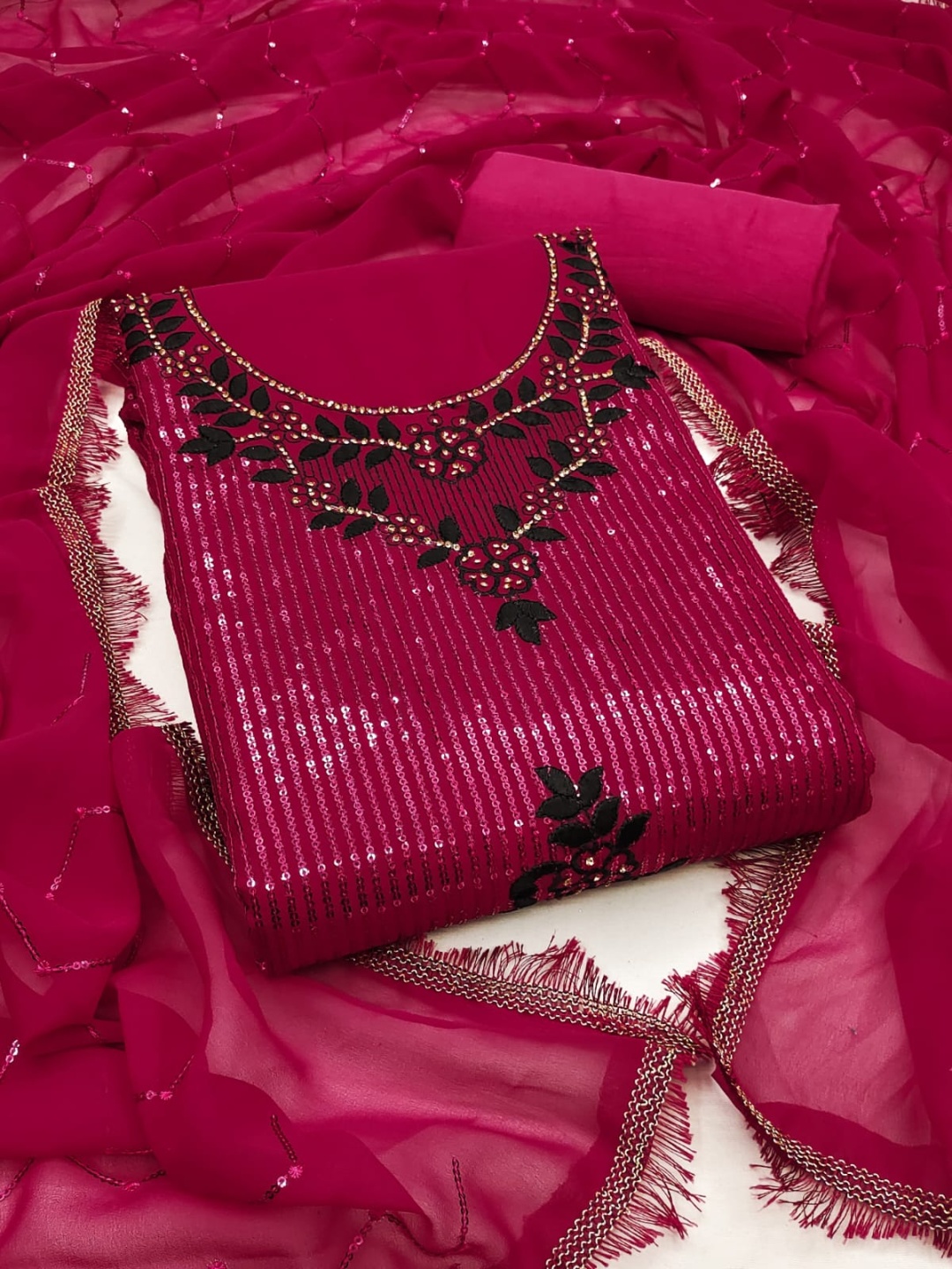

SWARNGANGA TEX Striped Embroidered Sequinned Unstitched Dress Material, Pink