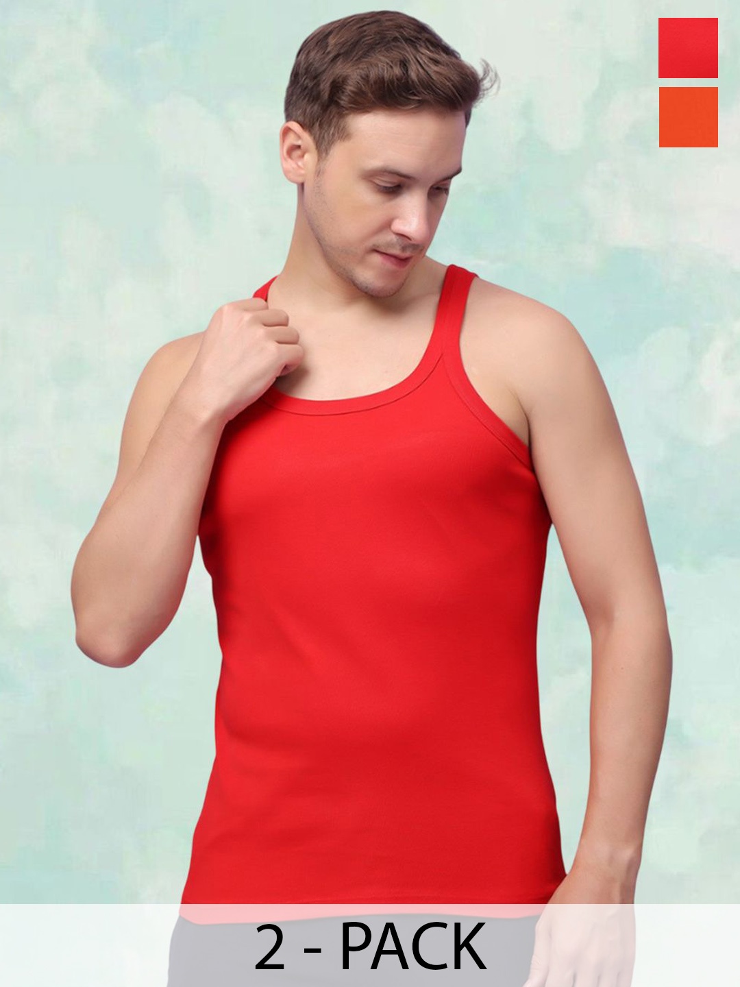 

FBAR Men Pack Of 2 Round Neck Gym Vest, Red