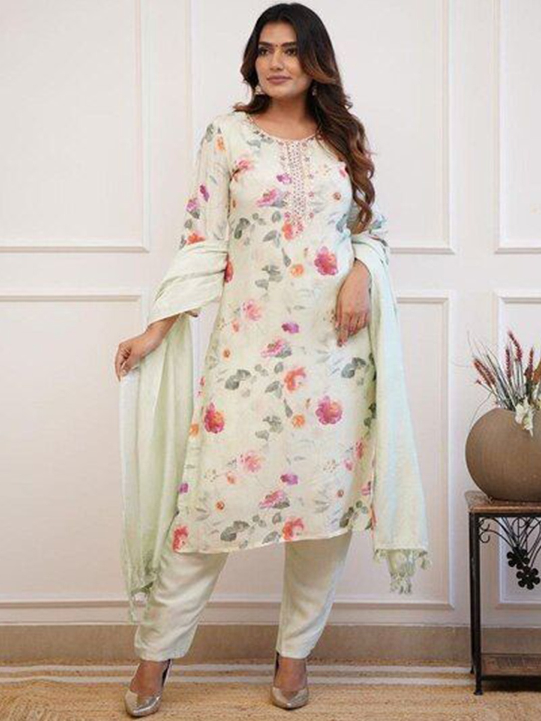 

KALINI Floral Printed Thread Work Straight Kurta With Trouser And Dupatta, Cream