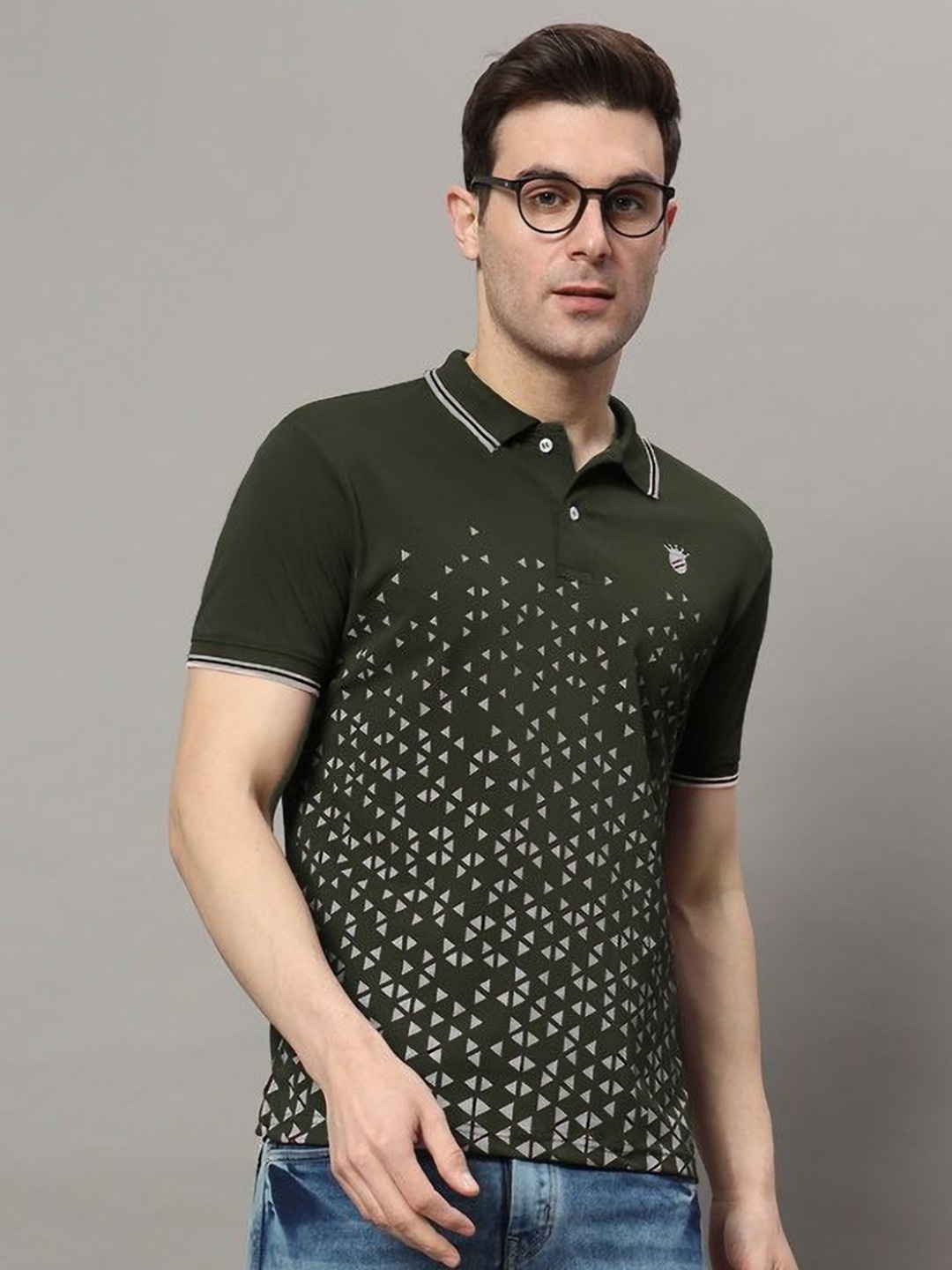 

RELANE Men Geometric Printed Polo Collar Cotton T-shirt, Olive