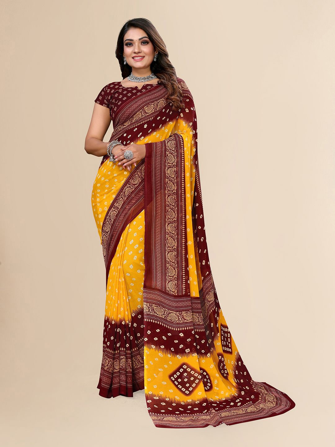 

Moda Rapido Bandhani Poly Georgette Saree, Maroon