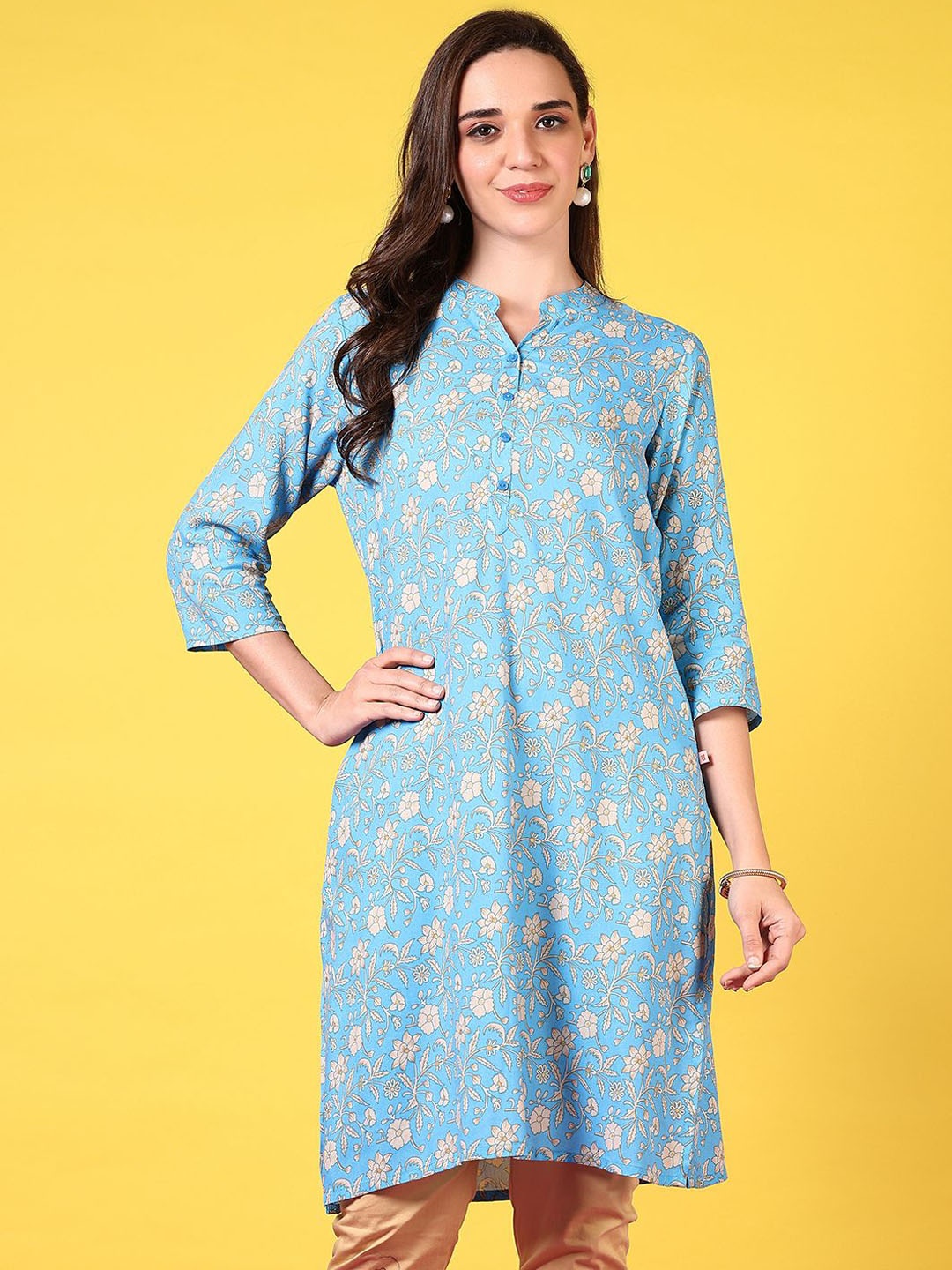 

V-Mart Floral Printed Mandarin Collar Straight Kurta, Blue